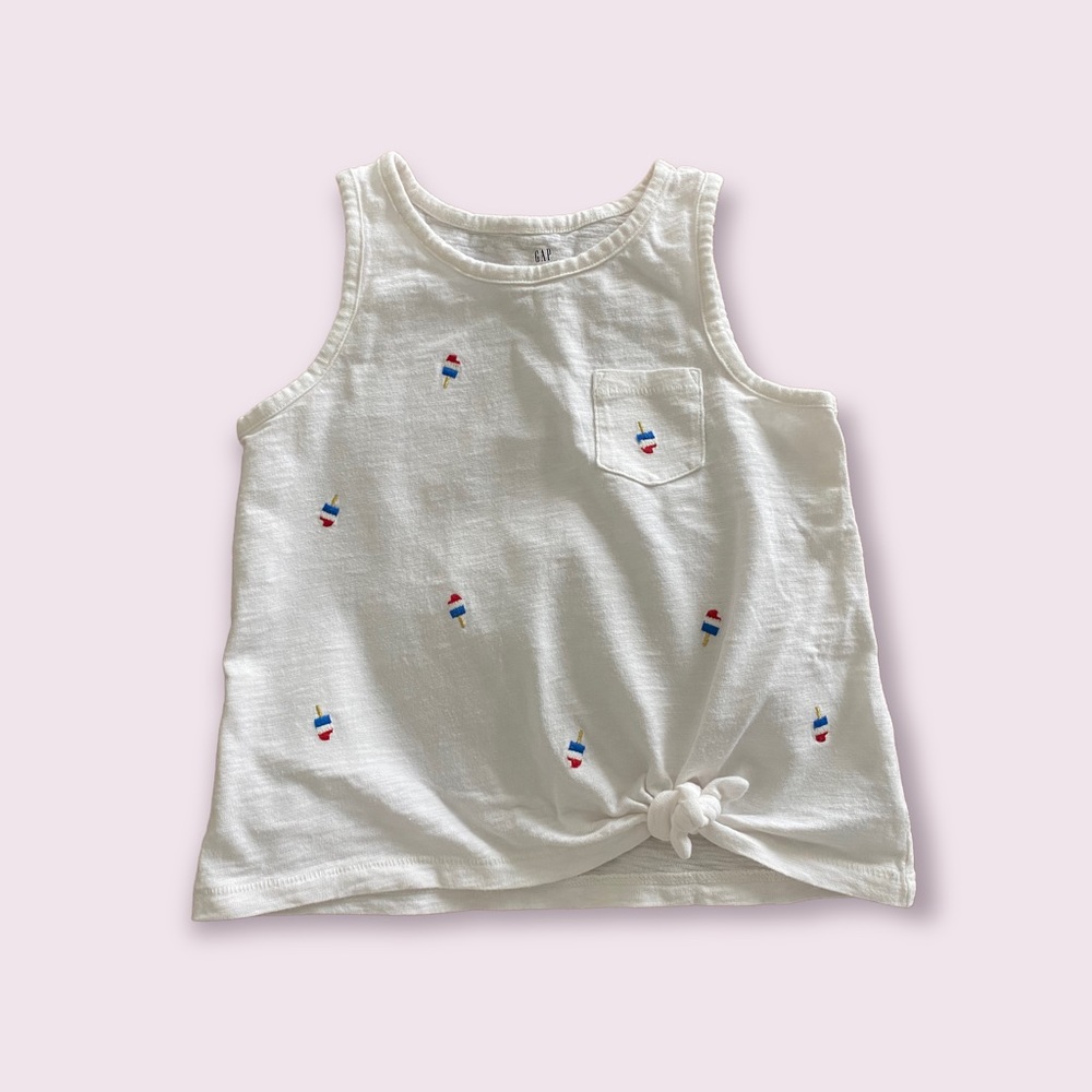 GAP KIDS Little Girl’s White Side Knot Tank with Embroidered Popsicles Size: S